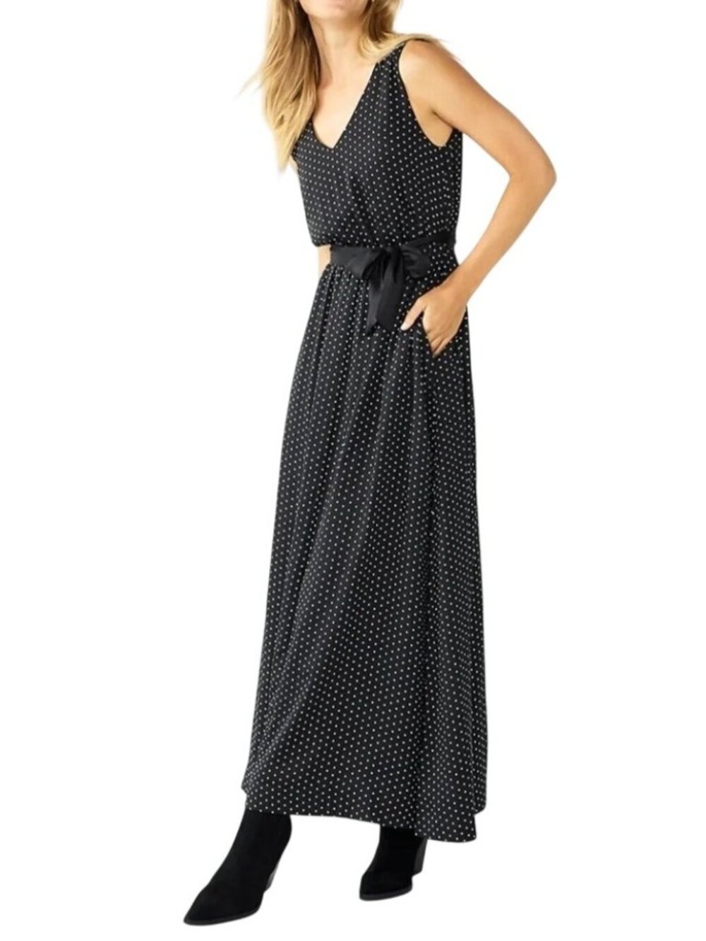 Draper James Women's Polka Dot Maxi Dress Black White Bow Party Size Large